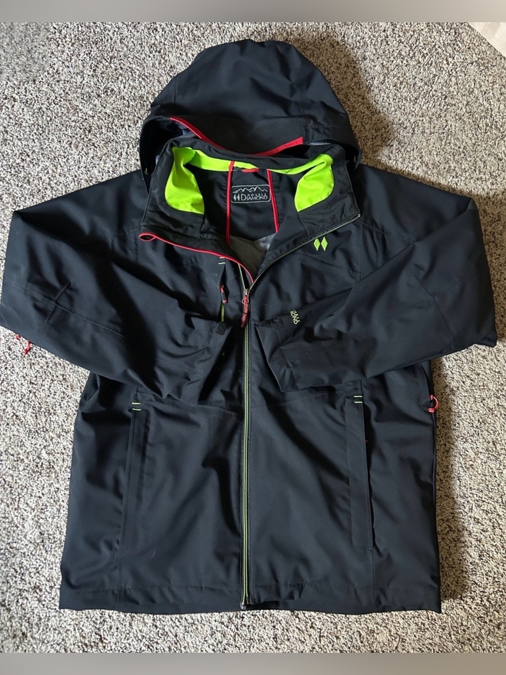 Double Diamond Men’s Black Hooded Rain Jacket with Lime and Red Accents - XL